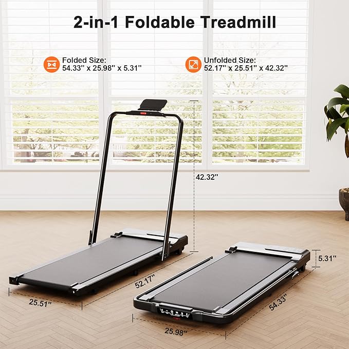 Walking Pad Treadmill with Handle Bar 3-in-1 Foldable Treadmills for Small Space 300 LBS Capacity, 3.0HP Portable Under Desk Treadmill for Home Office with LED Display Remote APP Control
