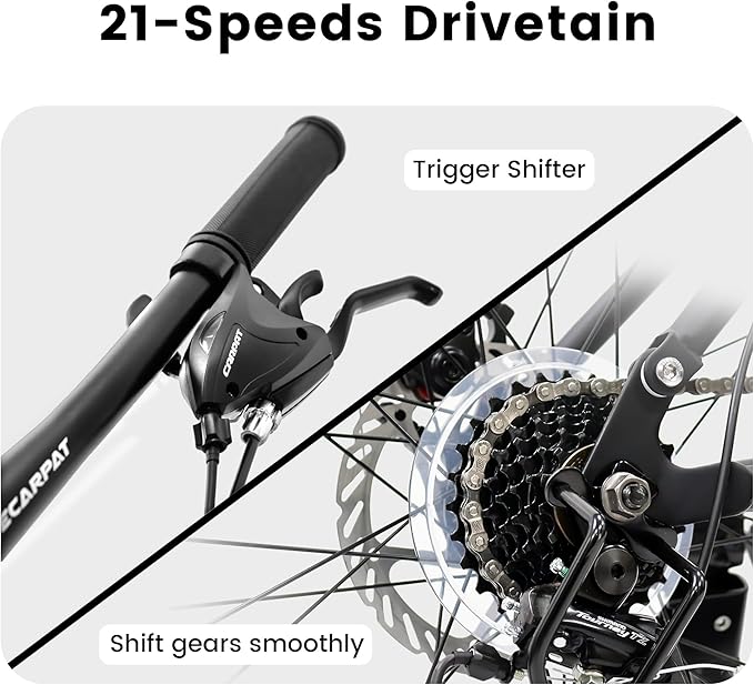 Trail-Ready 24 Inch Mountain Bike, 21-Speed Drivetrain with Gear Indicator Lever, Durable High Carbon Steel Frame, Ideal for Off-Road Exploration