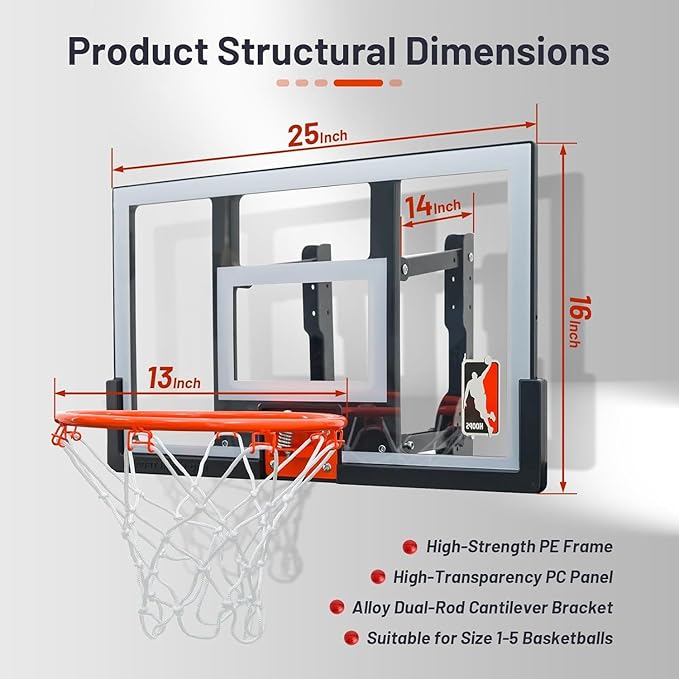 Mini Basketball Hoop Indoor 25 Inch, Adjustable-Height Wall Mounted Hoop, Silent Basketball Backboard&Rim, Indoor Wall Basketball Hoop Shatter-Proof, Mini Hoop 2 Ball
