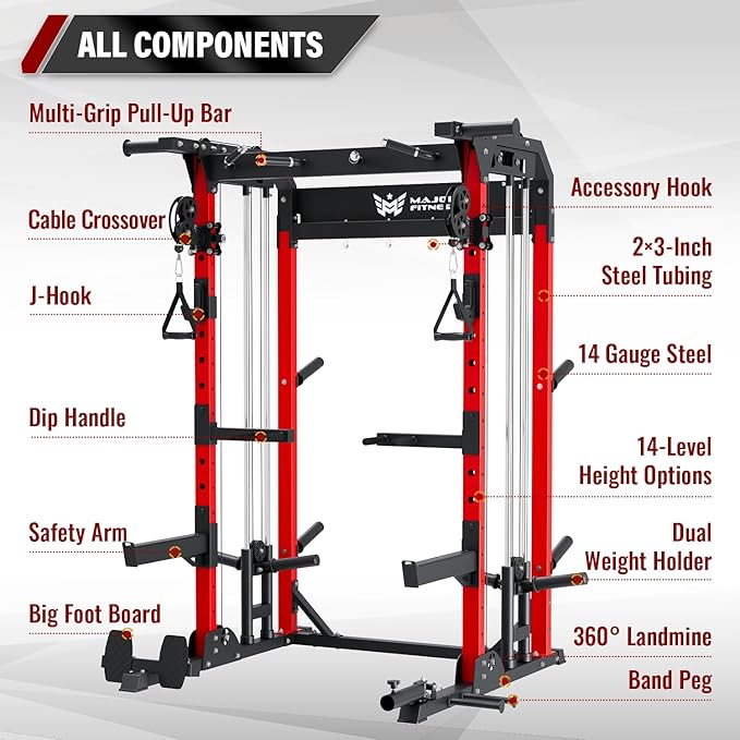 MAJOR FITNESS F22 Power Rack, 1600lbs All-in-One Squat Rack with Cable Crossover, Dual Pulley System, Heavy-Duty Steel Frame, Attachments & Storage for Home Gym Strength Training