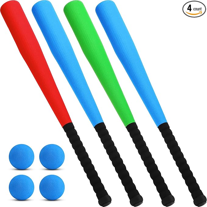 Wettarn 4 Pcs Foam Baseball Bat 24 Inches Foam Bat with Safe Soft Baseballs T Ball Set for Outdoor Indoor Sport Game Beginners Practice Playing Training(Red, Yellow, Blue, Green)