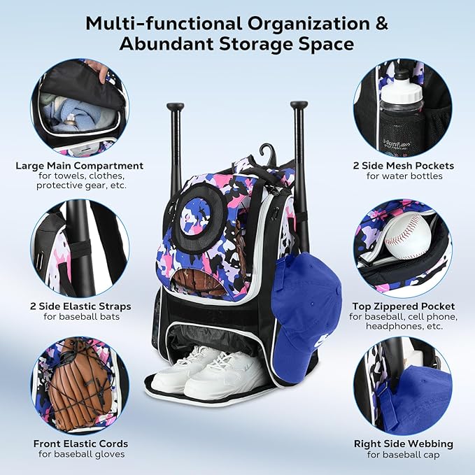 MoKo Baseball Bag, Softball Bag with External Helmet Holder & Fence Hook for T-Ball Bat Softball Equipment, Lightweight & Breathable Baseball Backpack with Shoe Compartment for Youth & Adult, Black