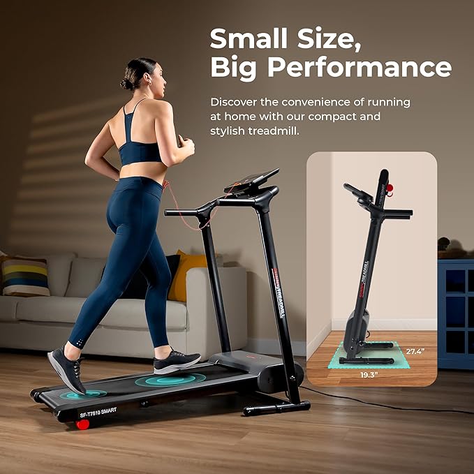 Sunny Health & Fitness Compact Foldable Treadmill - Easy Assembly, Quiet Operation, LCD Performance Monitor, Device Holder - Running & Walking Exercise, Optional Free SunnyFit App Bluetooth Connection