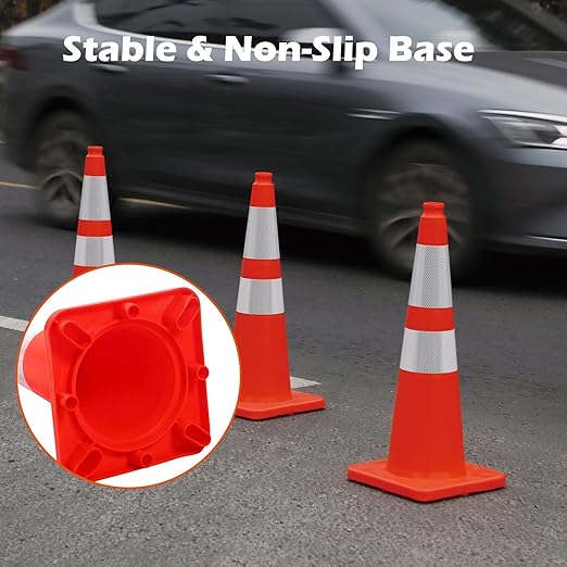 4 Pack 28" Traffic Cones – Durable Orange PVC Safety Cones with Reflective Collars for Parking, Construction, Roadwork & Driving Practice
