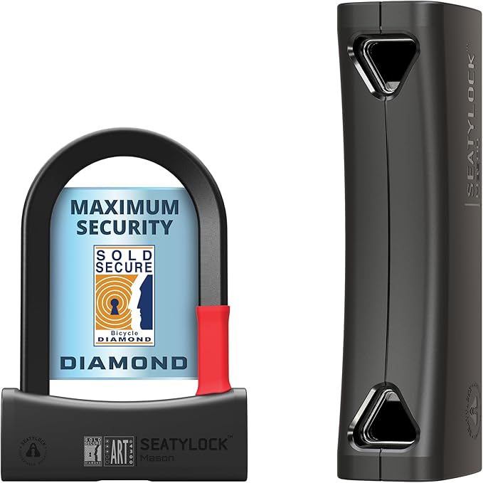Seatylock Mason Bike U Lock - Patented Heavy Duty Anti Theft Diamond Secure ULock - Ultra Security Bicycle Safety Tool with Keys for City Electric or Mountain Bikes and Scooters