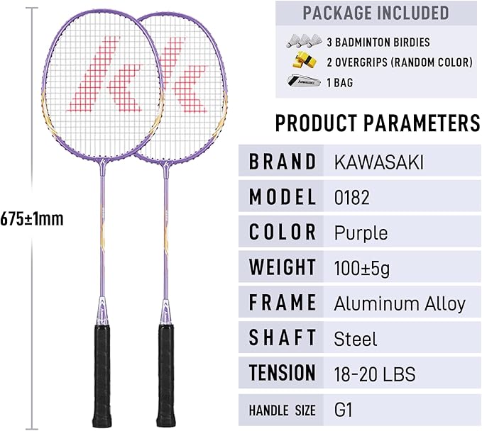 Kawasaki Badminton Set with 2 Badminton Rackets, 3 Shuttlecocks, and Carrying Bag