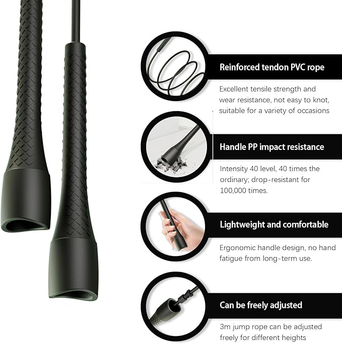 Unbreakable 5mm pvc Jump Rope – Pro-Grade PP Handles with Diamond Texture, 40X Strength PVC Cord, Adjustable 3m Length for HIIT, Home Gym, or Boxing Training (Portable & Tangle-Free)