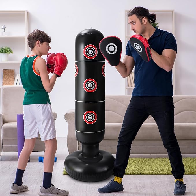 7 Pcs Kids Punching Bag Set Include Boxing Gloves, Inflatable Punching Bag, Hand Wraps, Hand Pads, Air Pump, Kids Boxing Training Set for Karate Kickboxing Taekwondo