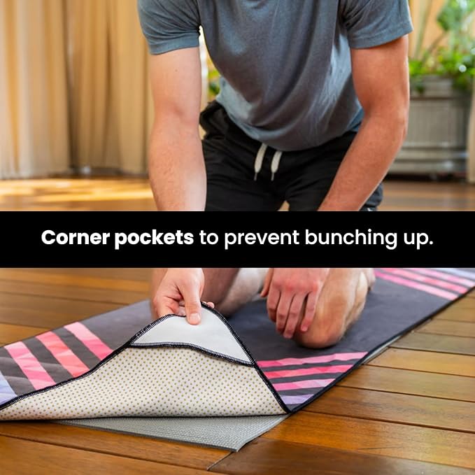 Yoga Drip Yoga Towel - Non Slip Hot Yoga Mat Towel With Corner Pockets, No-Skid Grip, and Built-in Alignment Lines | Soft, Moisture Wicking, and Sweat Absorbent | No Bunching, Stays in Place 72" x 25"