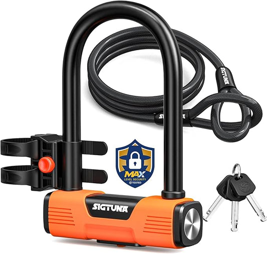 Bike U Lock - Sigtuna Bike Lock Cut Resistant, Heavy Duty Anti-Theft with 4ft/1.2m Cable, Bicycle Lock Made in Cut-Resistant Special Steel with Sturdy Mounting Bracket for Bikes, Ebikes, Scooters.