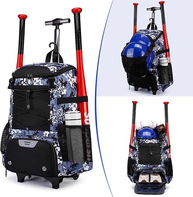 Softball Bag, Baseball Rolling Bat Bag - Wheeled for Youth Girls Adult, Lightweight Equipment Backpack With Shoe Compartment, Fence Hook for TBall, Helmet