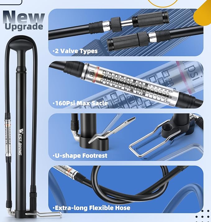 Mini Bike Pump Portable Bicycle Pump, Aluminum Alloy 160PSI Floor Bike Pump Fits Presta And Schrader Valves, Lightweight Air Bike Tyre Pump for Road Mountain Bike Balls