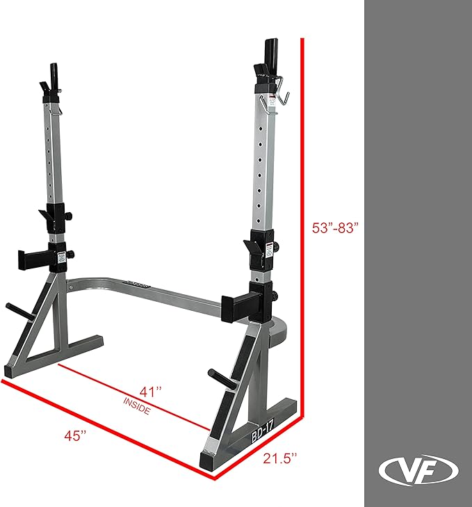 Valor Fitness Adjustable Power Squat Rack with J-Hooks, Locking Safety Catches, and Plate Storage – Home Gym Bench Press Station – Max Weight 475 lbs