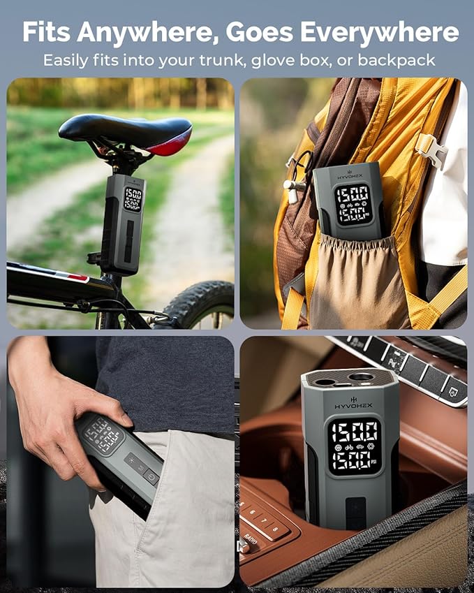 Tire Inflator Portable Air Compressor, 1 Min Fast Inflation Cordless Bike Pump with Digital Pressure Gauge LED Light, 150 PSI Electric Air Pump for Car Tires, Bicycle, Motorcycle, Ball