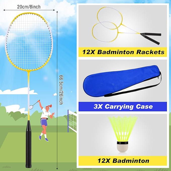 12 Pack Badminton Rackets Set Including Rackets, Nylon Shuttlecocks and Carry Bag for Outdoor Backyard Games Beginners