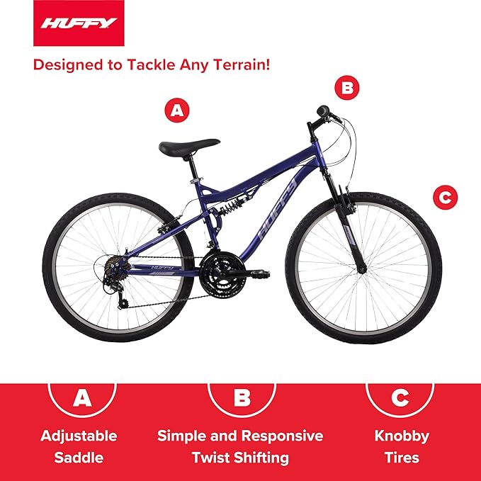 Huffy Stone Mountain Hardtail Mountain Bike for Boys/Girls/Men/Women, 20"/24"/26" Sizes, 6 or 21 Speed Shimano Twist Shifting, Front or Dual Suspension, Comfort Saddle, Sleek Colors