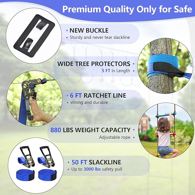 2x56FT Ninja Warrior Obstacle Course for Kids, Ninja Slackline with 11 Accessories, Slackline Kit with Pulley, Rope Ladder, Monkey Bar,Arm Trainer, Climbing Rope