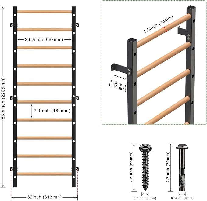 Wood Stall Bar, 2"x2" Swedish Ladder with 1" Hole, 11 Strategic Rods, Wall Mounted Suspension Trainer for Home, Gym, School and Clinic