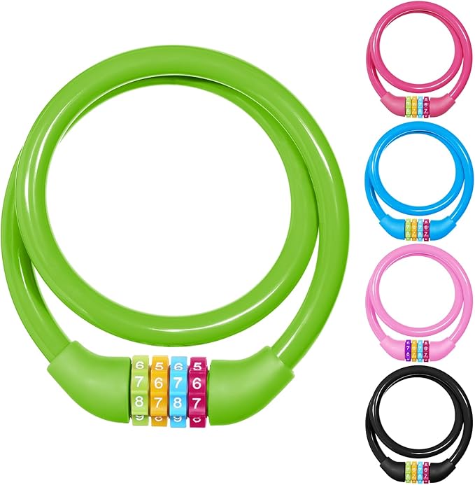 25 Inch Bike Lock Cable, Portable Anti Theft 4 Digits Codes Cable Locks, Resettable Combinations Coiling Bicycle Lock for Bike, Motorbike, Scooter, Skateboard, Gate, Fence (Green)