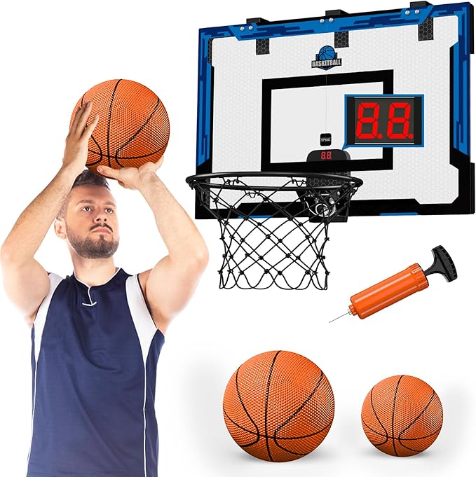 24" x 16" Large Basketball Hoop Indoor for Adults, Over The Door Hoop with Sturdy Backboard, Big Basketball Toys Gifts Ideas for Man Kids Teens Boys Girls, Blue