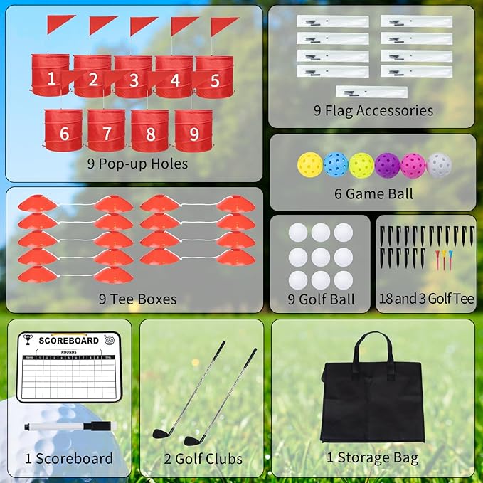 9 Holes-Outdoor Backyard Golf Game Set,Outdoor Yard Golf Chipping Game with 2 Clubs,Ball and Flag,Fun for All Crowd, Perfect for Beach,Park,Lawn and Camping