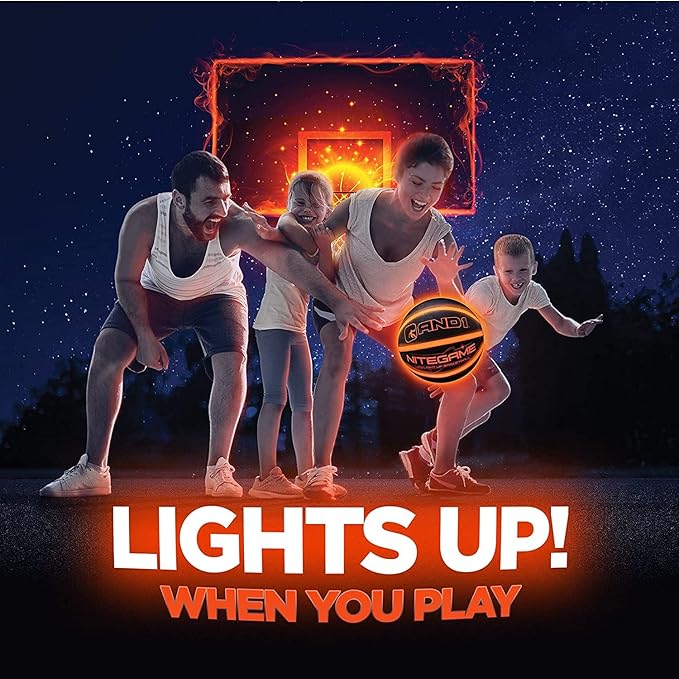 AND1 Nitegame LED Light Up Basketball - Impact Activated Glow in The Dark - Regulation Size 7 (29.5 inches), for Outdoor or Indoor, Sold Deflated, Comes in Black or Orange