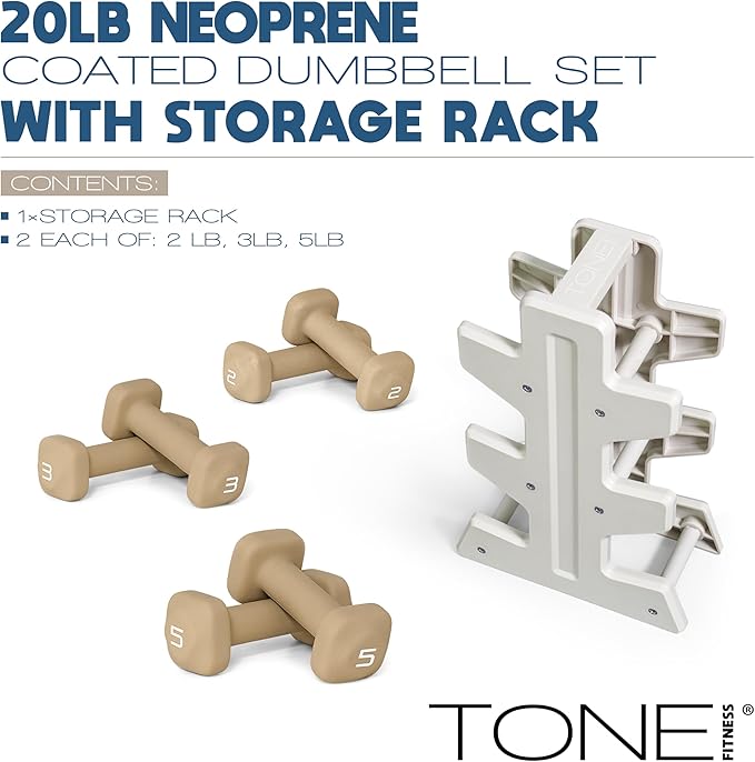 Tone Fitness Neoprene Dumbbell Set with Storage Rack – Non-Slip, Anti-Roll Hand Weights for Home Gym Workouts | 20 lb, 32 lb, & 50 lb Options
