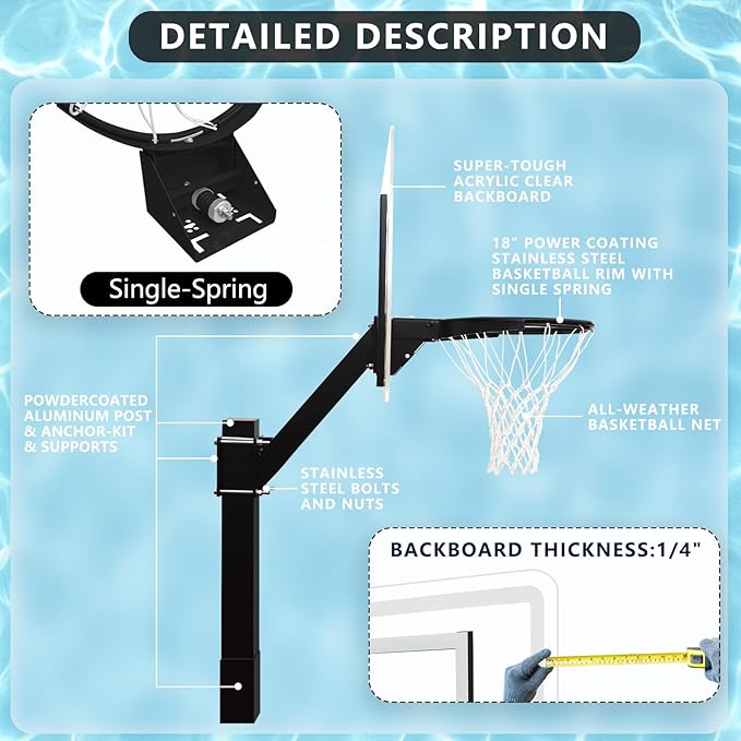 PROGOAL Aluminum Shot and Dunk Poolside Basketball Hoop - In Ground Removable Rust-Resistant Adjustable Height Pool Basketball Game System with Clear Backboard 1/2 Springs Rim and Three Balls