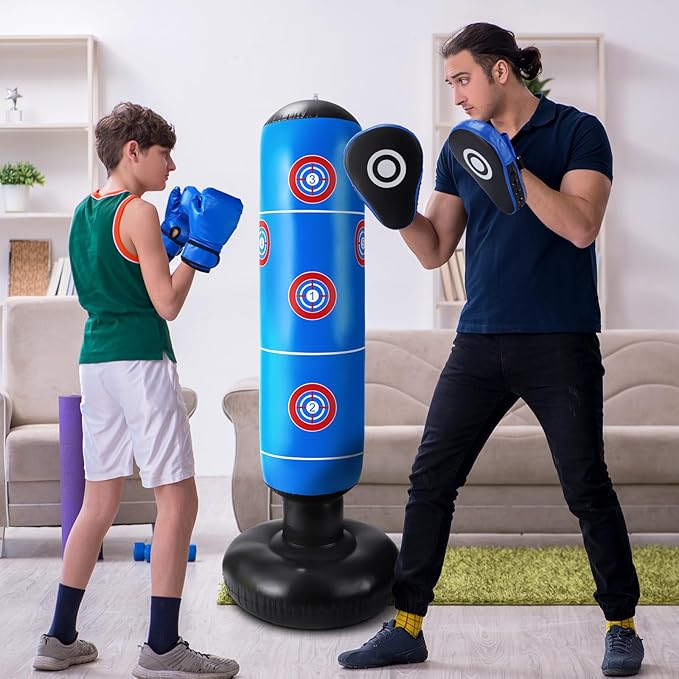 7 Pcs Kids Punching Bag Set Include Boxing Gloves, Inflatable Punching Bag, Hand Wraps, Hand Pads, Air Pump, Kids Boxing Training Set for Karate Kickboxing Taekwondo