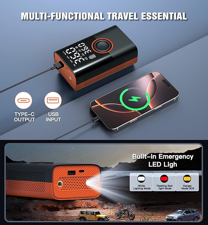 Tire Inflator Portable Air Compressor Portable Cordless Mini Air Pump with Digital Pressure Gauge Inflater 150PSI Fast Inflation and Auto Shutoff Function Tires Pump for Cars Motorcycles Bikes(Orange)