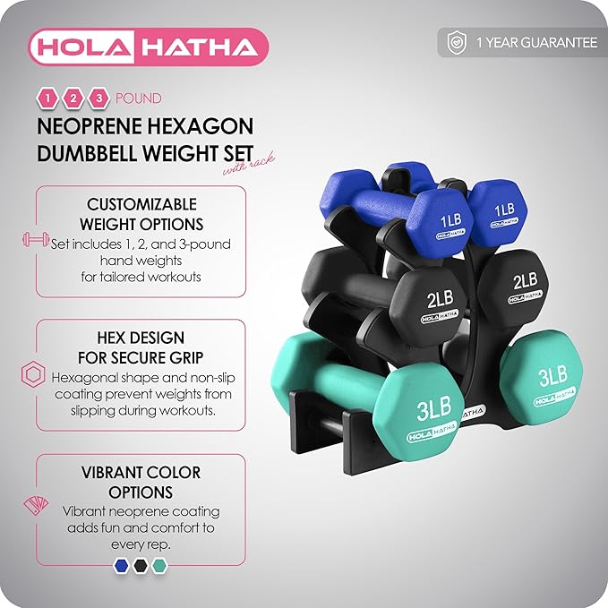 HolaHatha 2, 3, 5, 8, and 10 Pound Neoprene Dumbbell Free Hand Weight Set with Rack, Ideal for Home Exercises to Gain Tone and Definition, Pastel