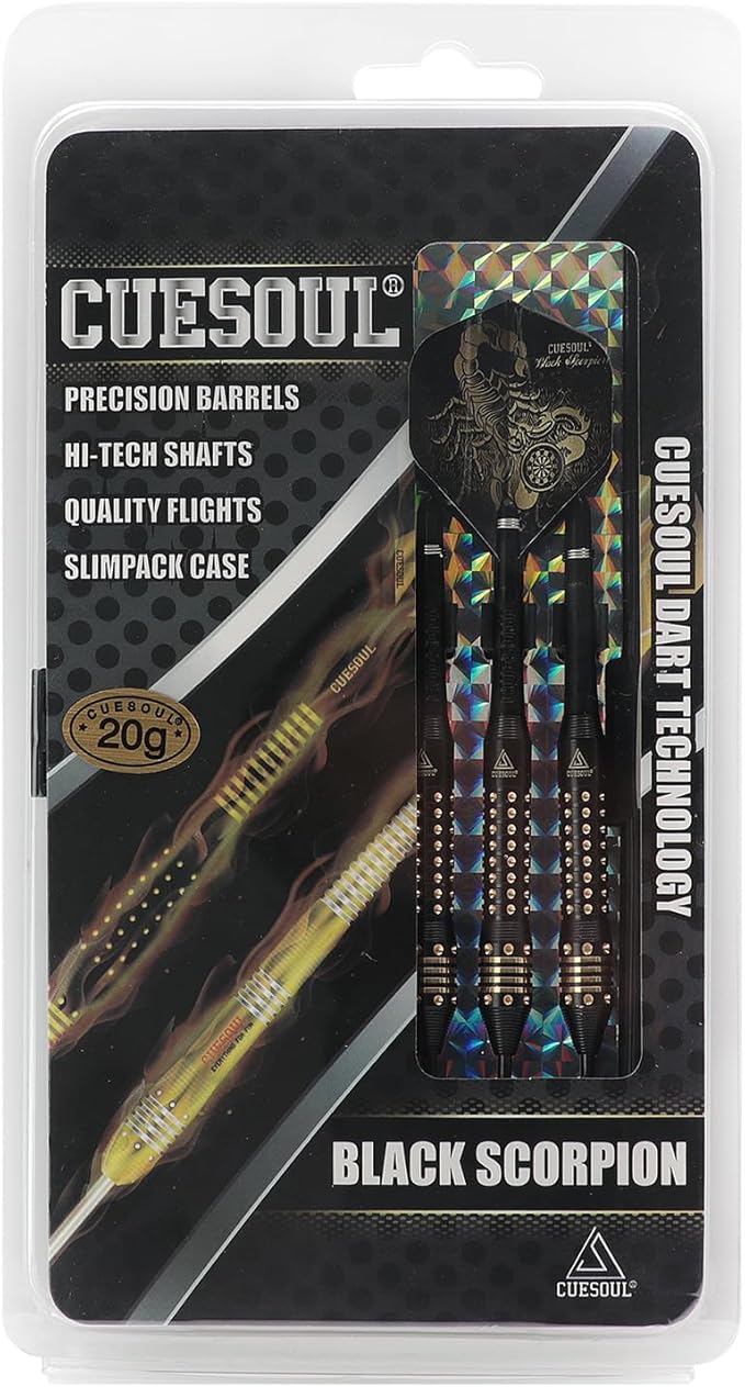 CUESOUL Steel Tip Darts Set 20/22/24 Grams with Deluxe PU Darts case-Black Scorpion Series
