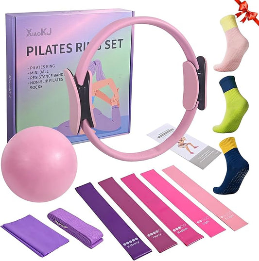 Pilates Ring and Ball Set with 5 Resistance Bands - Pilates Equipment for Home Workout - Magic Circle Pilates Ring 14 Inch to Tone, Sculpt and Strengthen - Fitness Ring for Yoga and Pilates