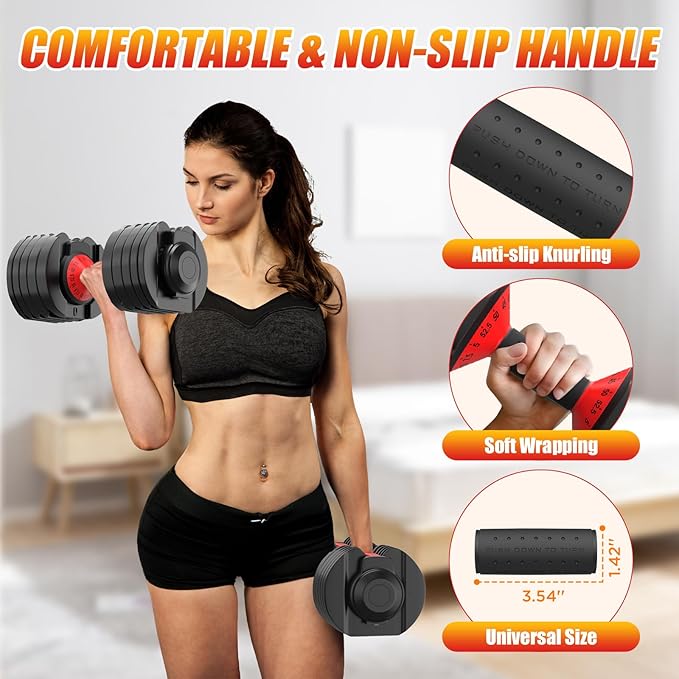 25/52.5/55LBS Adjustable Dumbbells Set with Anti-Slip Handle, Fast Adjust Weight Dumbbells Set with Dual Safety Locking System, Versatile Weights Set for Women & Men Full Body Workout Fitness, Compact Size Space Saving for home gym