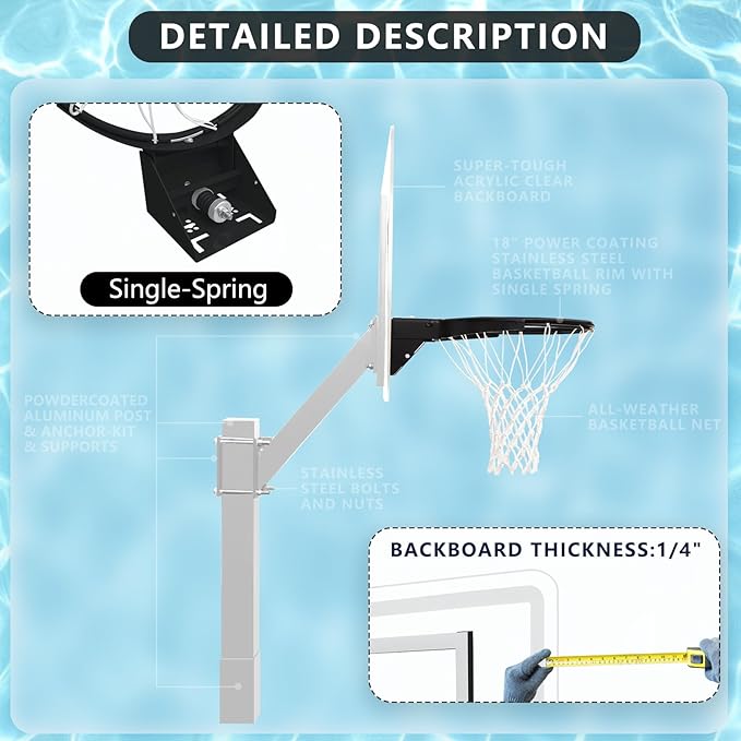 PROGOAL Aluminum Shot and Dunk Poolside Basketball Hoop - In Ground Removable Rust-Resistant Adjustable Height Pool Basketball Game System with Clear Backboard 1/2 Springs Rim and Three Balls