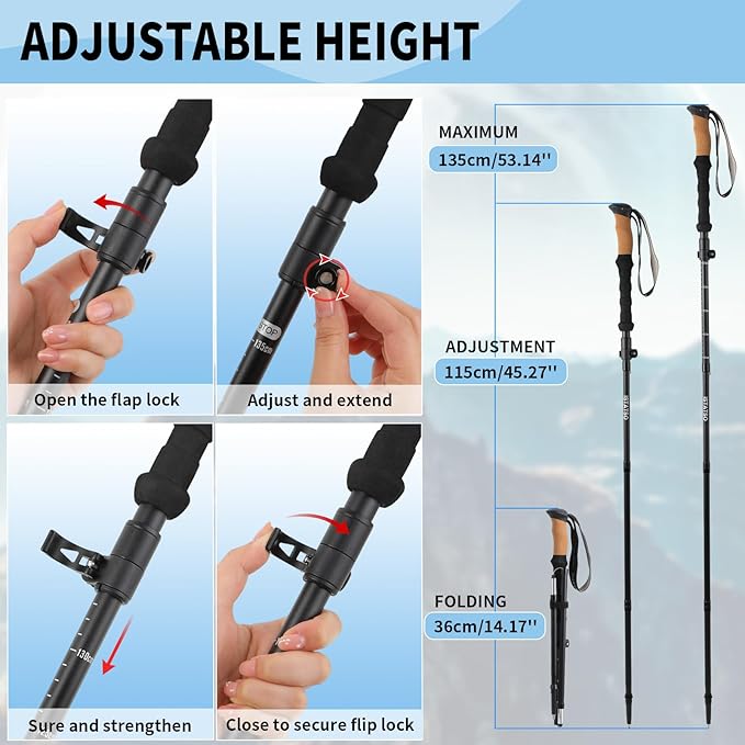Portable Foldable Hiking Poles, 7075 Aluminum Adjustable Walking Sticks with Quick - Lock, Ideal for Hiking, Camping, and Mountain Trips 2pc Trekking Poles