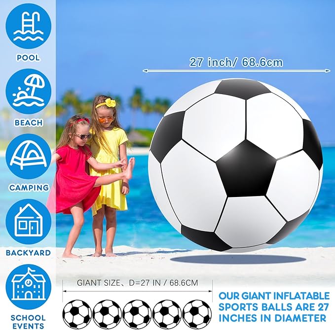 Lewtemi Giant Inflatable Sports Balls Large Inflatable Beach Ball Baseballs Soccer Rainbow Basketball Football for Sport Birthday Party Favor(2 Pcs,Soccer, Football,27 Inch)
