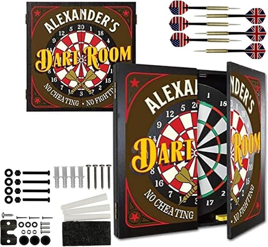 THOUSAND OAKS BARREL CO. | Personalized Dartboard & Cabinet Set with 6 Steel Tip Darts