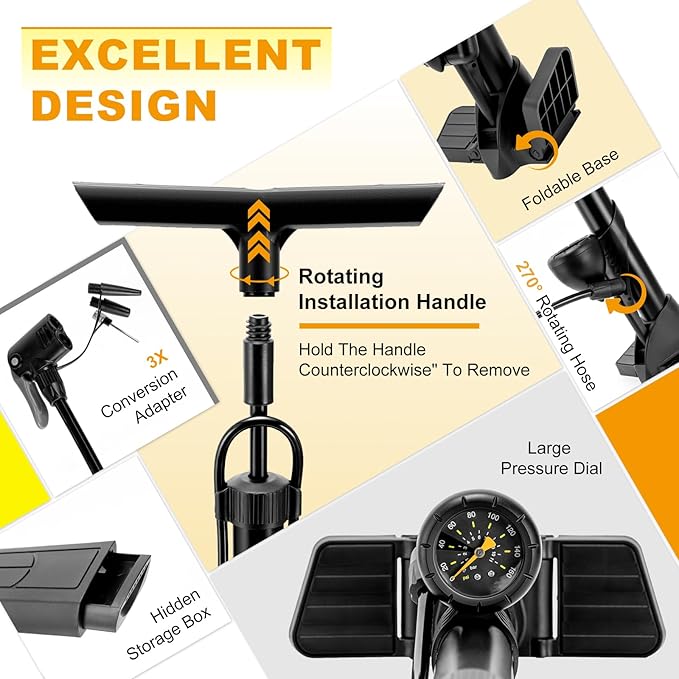 Hycline Bike Floor Pump with Gauge: 160 PSI High Pressure Bicycle Pumps - Durable Air Pump Fits Presta & Schrader Valve - Inflator for Road MTB Tire, Ball, Balloon, Inflatables