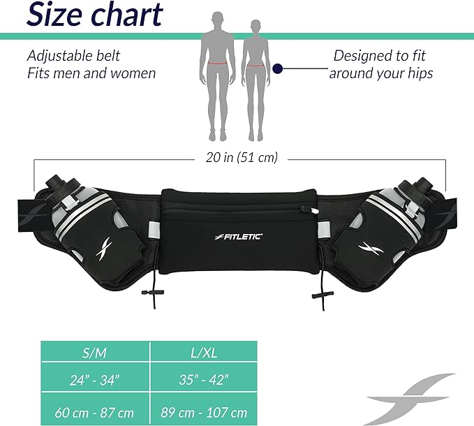 Fitletic Hydration Running Belt with Water Bottles for Men & Women – 2 Quick Flow 8oz Running Water Bottles, Patented Bounce Free Design, Water Resistant Pouch Fits All Phones – Hydra 16