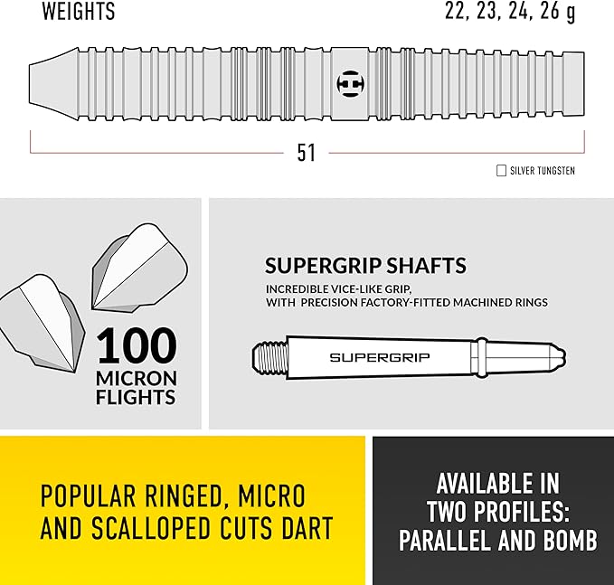 Harrows NX90 Bomb & Parallel Shape Darts Set I Professional Darts 90% Tungsten Steel Tip All Weights Pro Darts I 10pc Set with Black Supergrip Midi Shafts & NX90 Flights