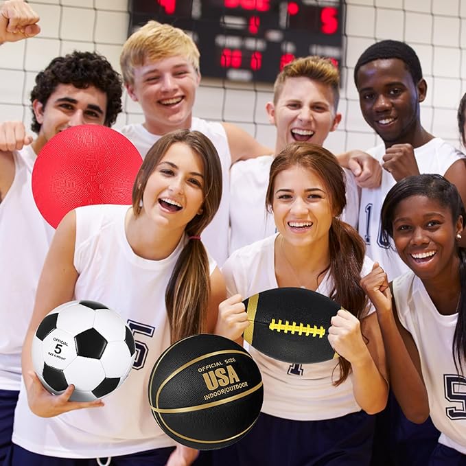 Lenwen 4 Pcs Sports Balls Set, Include Official Size Basketball Soccer Football Playground Ball Pump Equipment Bag Recess Equipment Sport for Teen Adult Gift Back to School