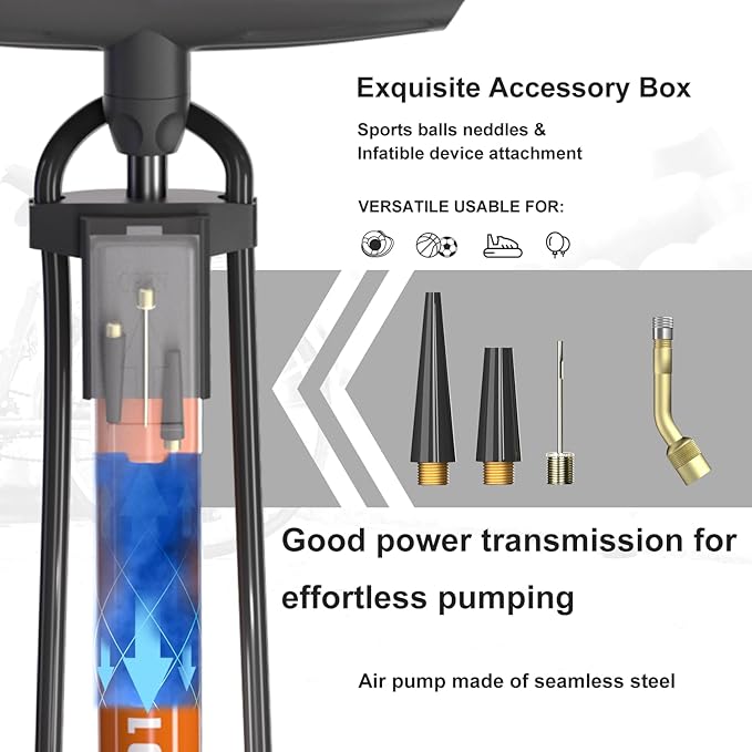 VIMILOLO Bicycle Pump, Bike Floor Pump with Gauge Inflator for Presta and Schrader Valve Portable Tire Pumps for Ball Bike Pumps