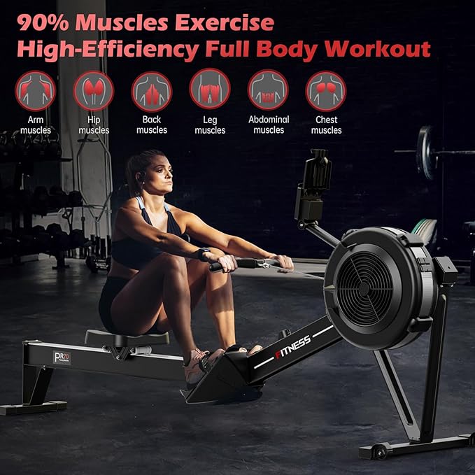 PASYOU Air Rowing Machine for Home 10-Level Resistance 350lb Load Rower Machine Foldable Commercial Row Machines with 47in Rail and Bluetooth Backlit Monitor, Adjustable Device Holder PR70