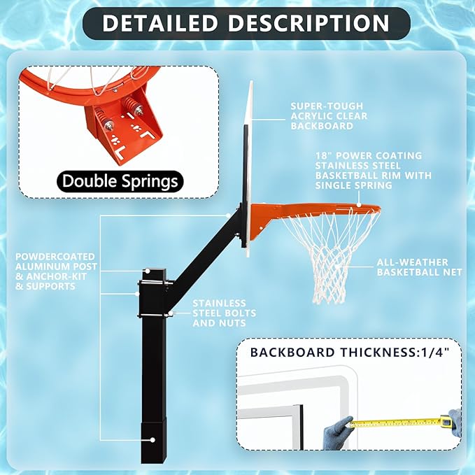 PROGOAL Aluminum Shot and Dunk Poolside Basketball Hoop - In Ground Removable Rust-Resistant Adjustable Height Pool Basketball Game System with Clear Backboard 1/2 Springs Rim and Three Balls
