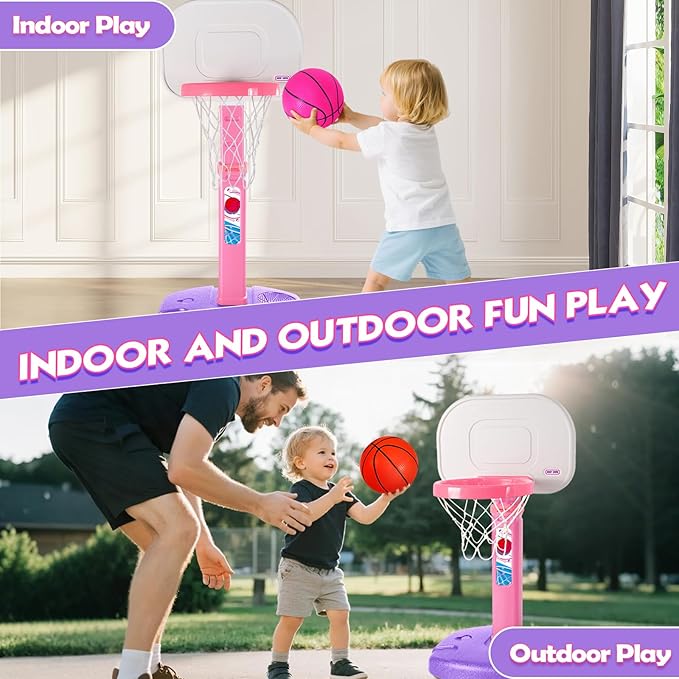 AOKESI Toddler Pink Basketball Hoop Indoor Outdoor Age 1-3, Adjustable Kids Mini Basketball Hoop Outside, Girls Basketball Goal Sport Toys for 1 2 3 4 5 Year Old Baby Girl Birthday Gifts