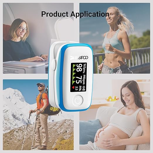 ESPOO Pulse Oximeter with 20 Memory, Oxygen Monitor Fingertip 4 Color TFT Display(SPO2), Alarm & Brightness Adjustable, Batteries & Lanyard Include(White&Blue)