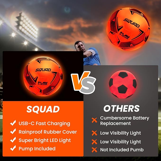 SQUAD Upgrade Rechargeable Glow in The Dark Soccer Ball - Light Up Soccer Ball Toys for Boys & Girls 8-15+ Year Old - Ideal Gifts for Kids, Teens