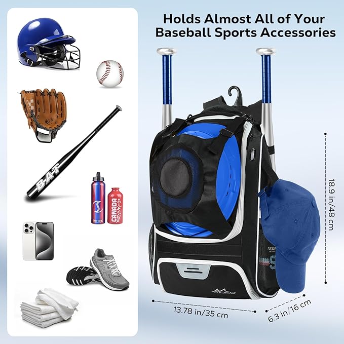 MoKo Baseball Bag, Softball Bag with External Helmet Holder & Fence Hook for T-Ball Bat Softball Equipment, Lightweight & Breathable Baseball Backpack with Shoe Compartment for Youth & Adult, Black