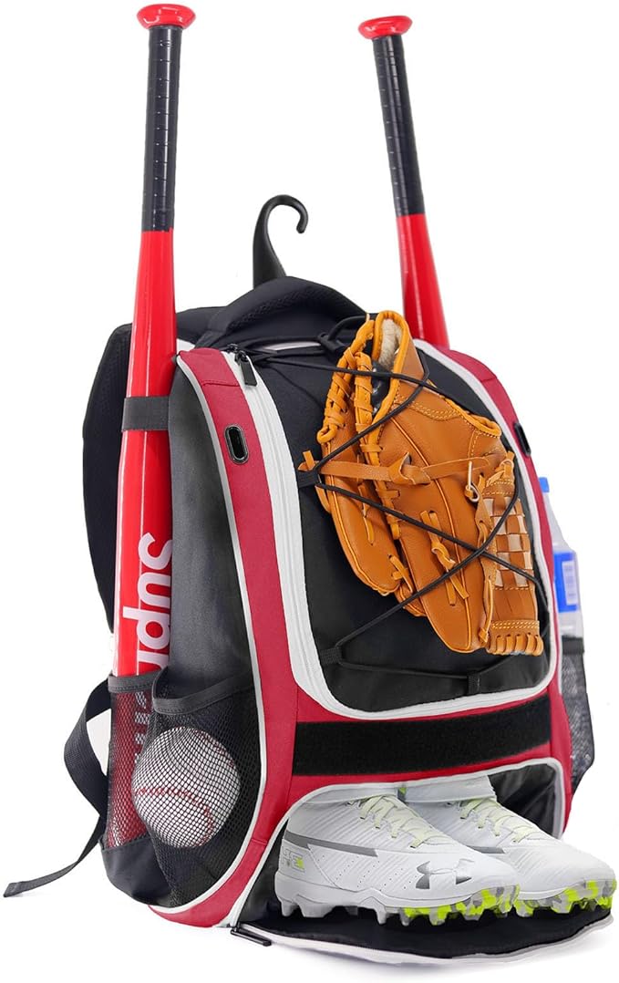 WOLT Youth Baseball Bag - Bat Backpack for Baseball, T-Ball & Softball Equipment & Gear, Bat & Glove Holder, Large Main Compartment for Helmet & accessories, Separate Shoes Compartment, Fence Hook